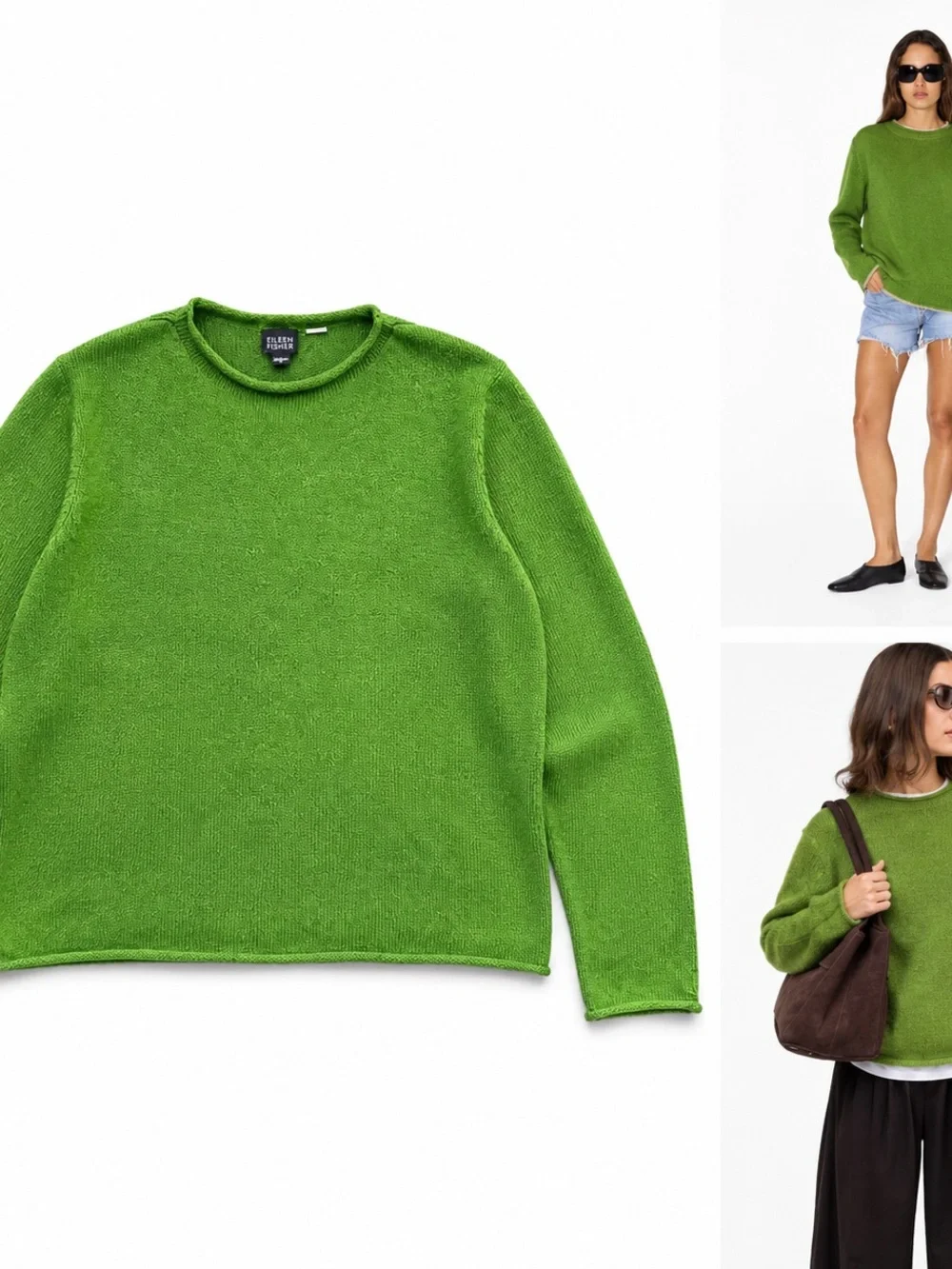 Vintage Eileen Fisher Ribbed Knit Cotton Sweater Green Crew Neck Small